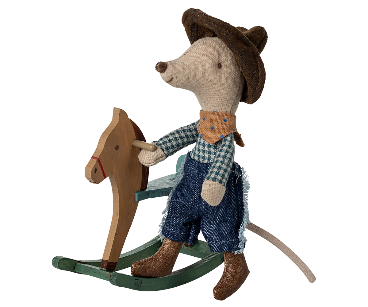 Maileg Cowboy Maus auf Schaukelpferd – Kleiner Bruder