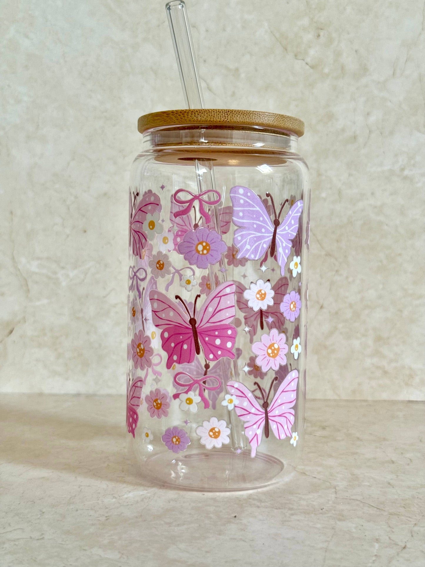 Glasbecher 550 ml – Schmetterling Rosa