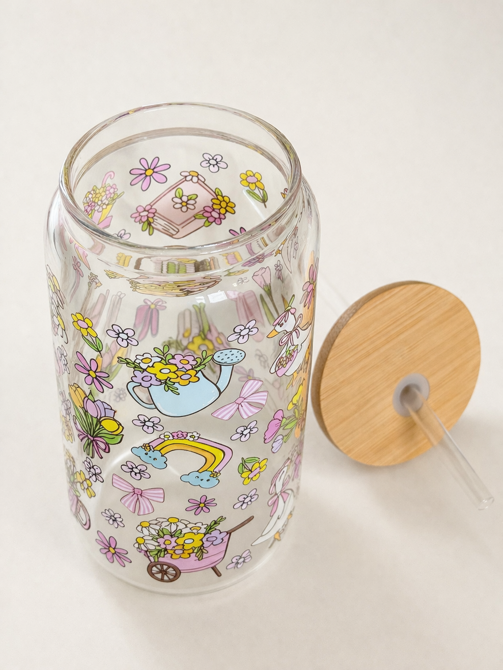 Hohes Trinkglas 500 ml mit Bambusdeckel & Glasstrohhalm
