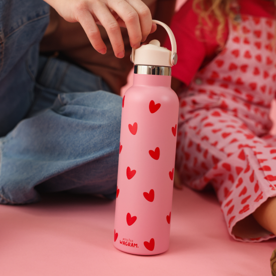 Edelstahl Trinkflasche – Rosa mit roten Herzen, 600 ml