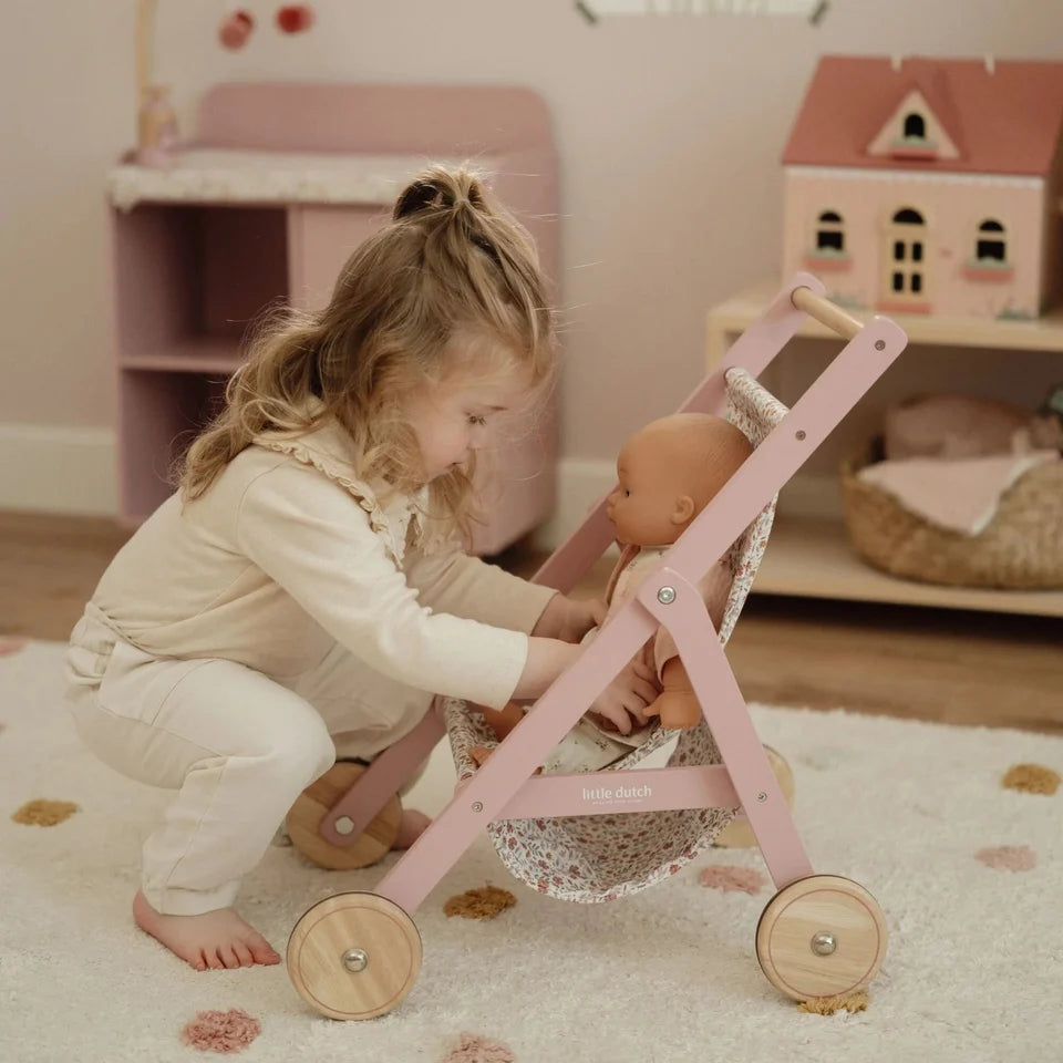 Little Dutch Puppenwagen aus Holz – Soft Flowers Rosa ✨ JETZT VORBESTELLEN