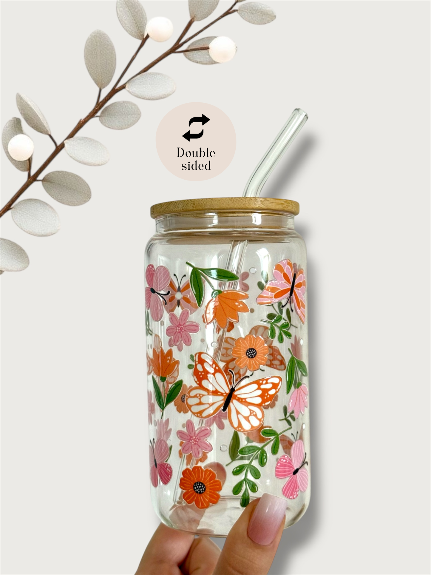 Glasbecher 550 ml – Schmetterling & Blumen