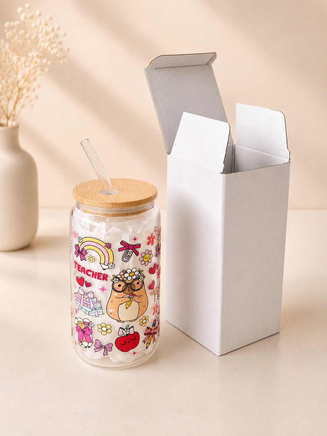 Cute Cloud Trinkglas mit Deckel und Strohhalm "Teacher"