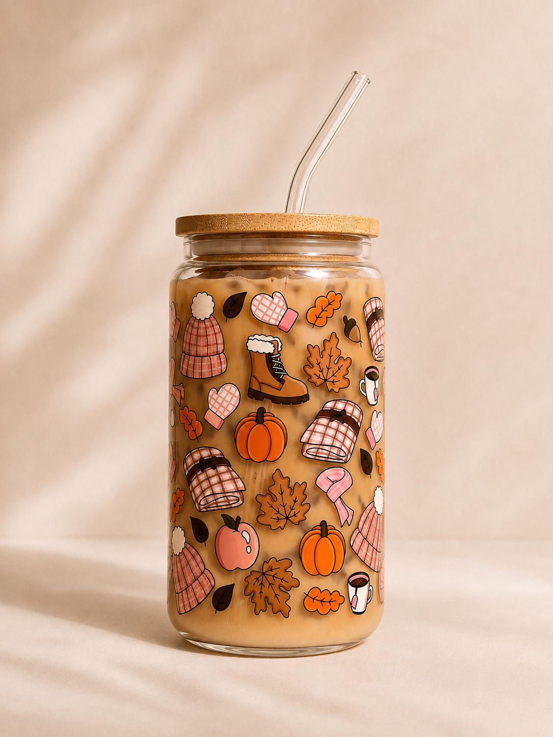 Hohes Trinkglas 500 ml mit Bambusdeckel & Glasstrohhal