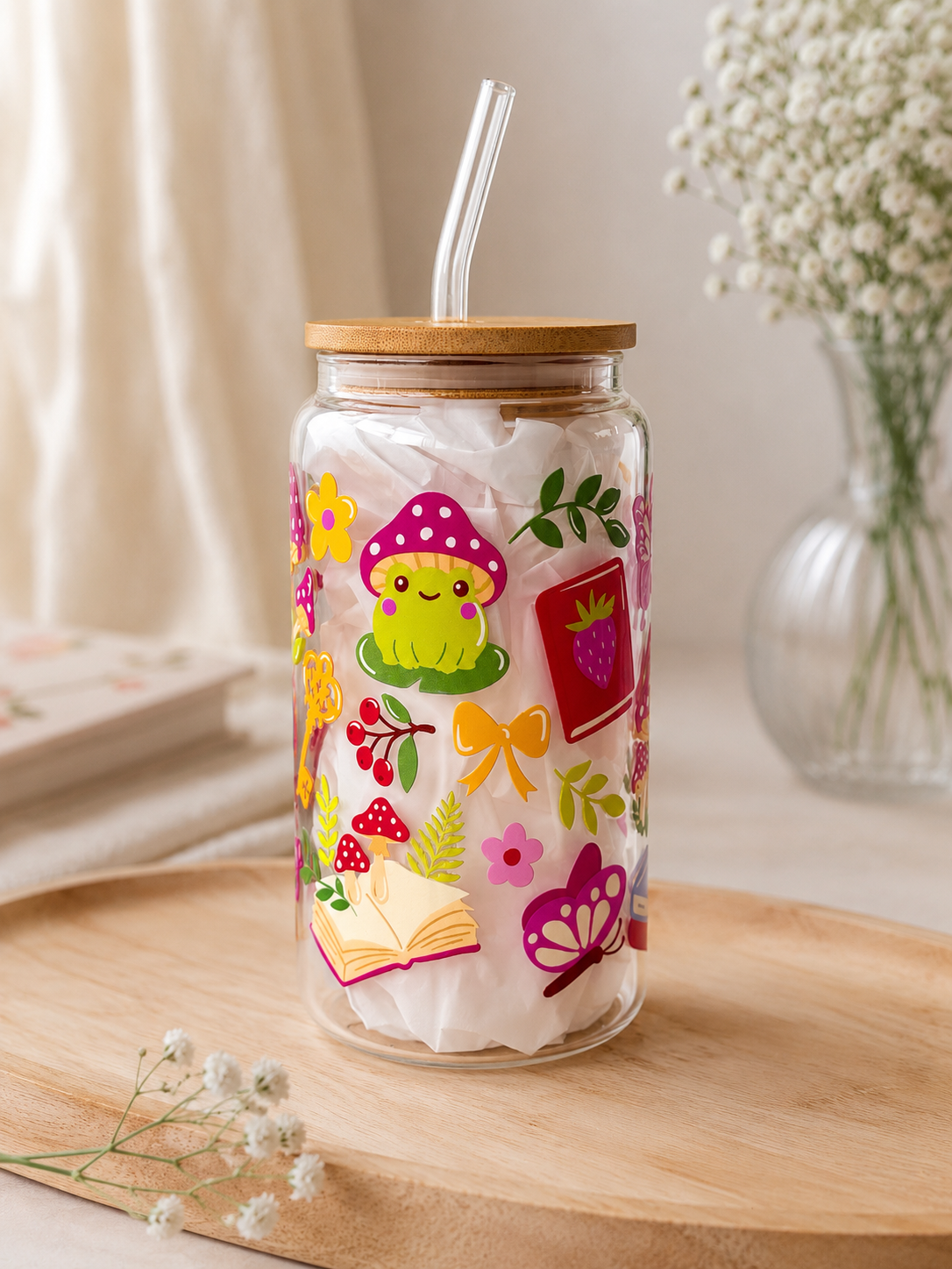Cute Cloud Trinkglas mit Deckel und Strohhalm