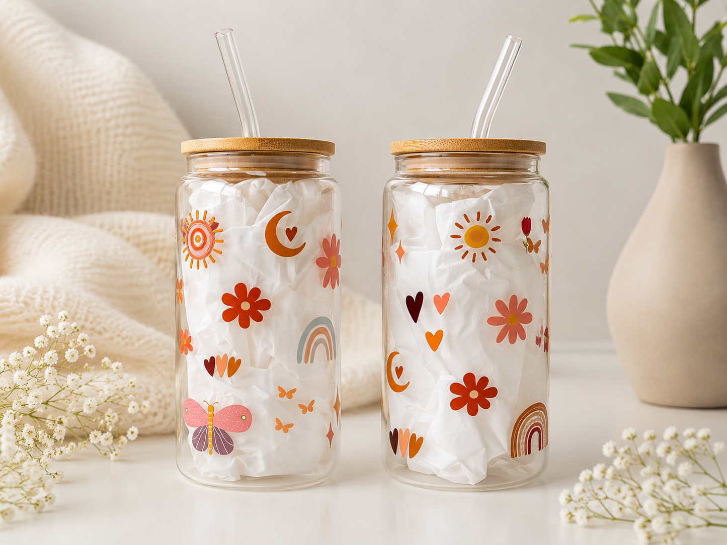 Hohes Trinkglas 500 ml mit Bambusdeckel & Glasstrohhalm