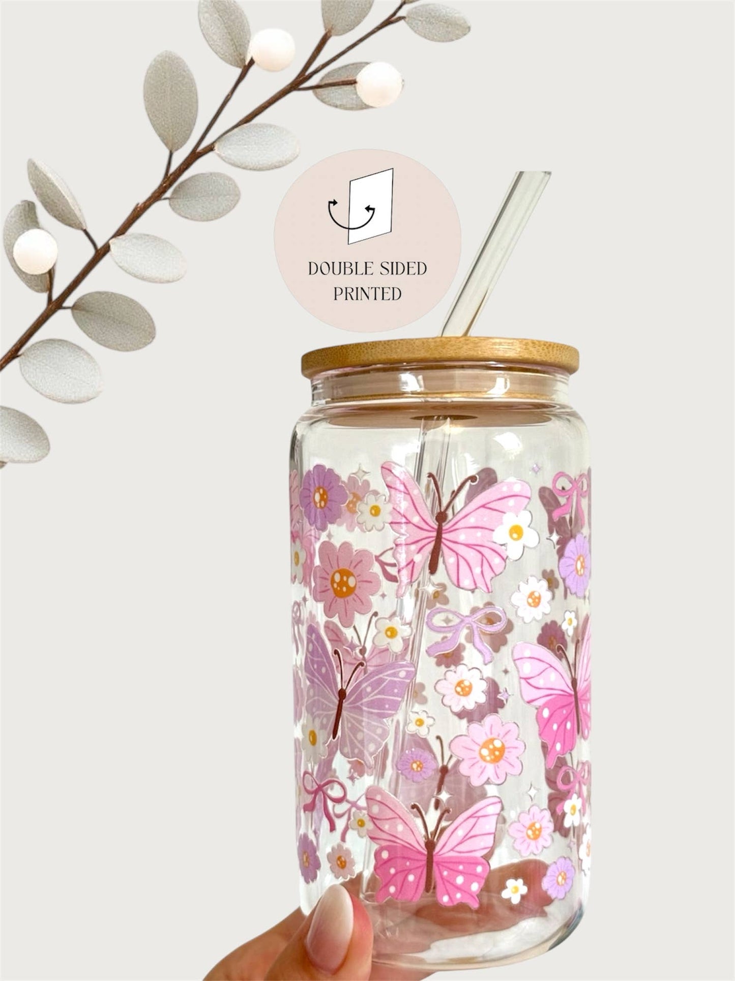 Glasbecher 550 ml – Schmetterling Rosa