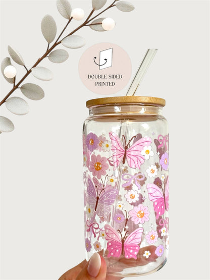 Glasbecher 550 ml – Schmetterling Rosa