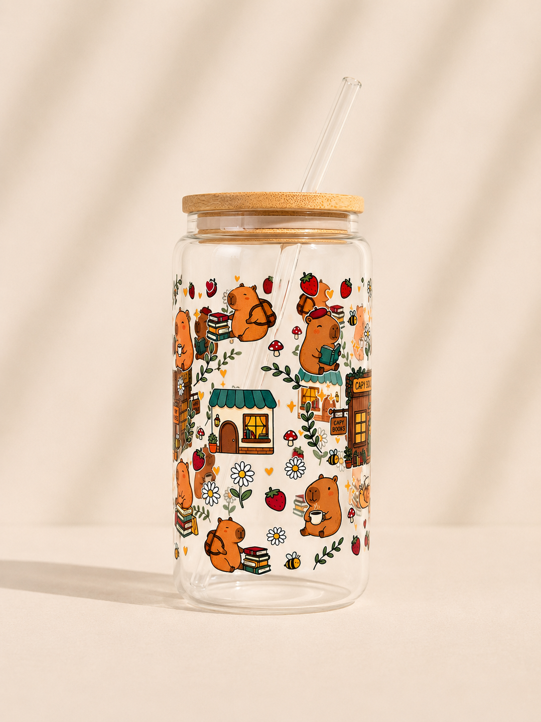 Hohes Trinkglas 550 ml mit Bambusdeckel & Glasstrohhalm – Capybara Buchhandlung