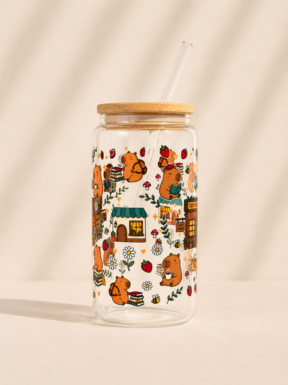 Hohes Trinkglas 550 ml mit Bambusdeckel & Glasstrohhalm – Capybara Buchhandlung
