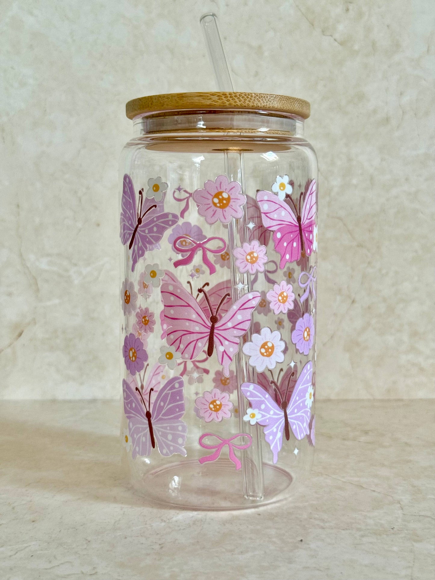 Glasbecher 550 ml – Schmetterling Rosa
