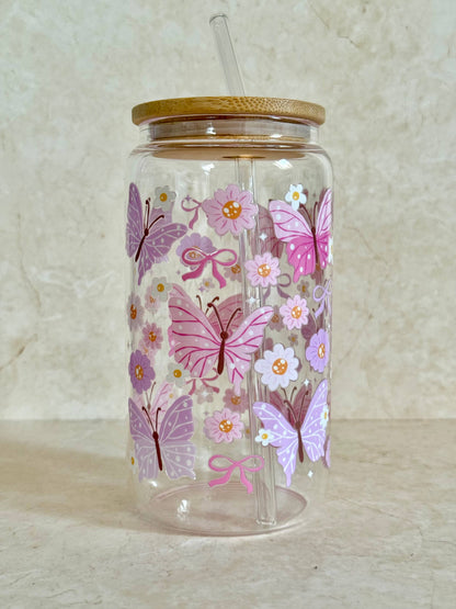 Glasbecher 550 ml – Schmetterling Rosa