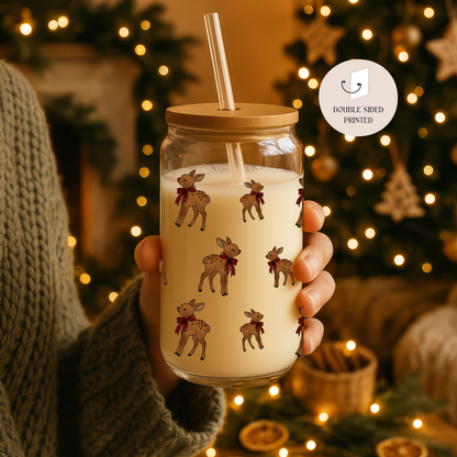 Hohes Trinkglas 500 ml mit Bambusdeckel & Glasstrohhalm – Baby Rentier