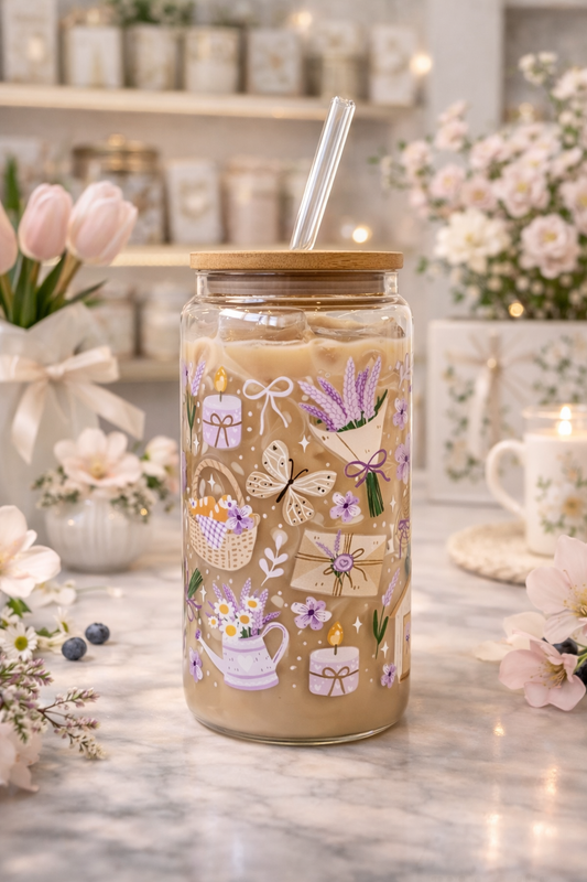 Glasbecher 550 ml – mit Bambusdeckel & Glasstrohhalm