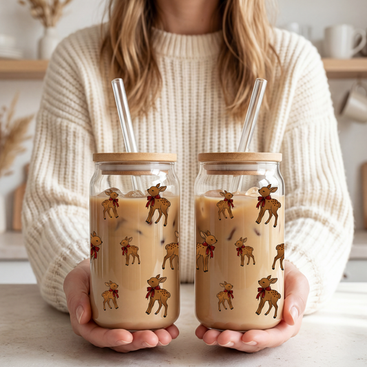 Hohes Trinkglas 500 ml mit Bambusdeckel & Glasstrohhalm – Baby Rentier