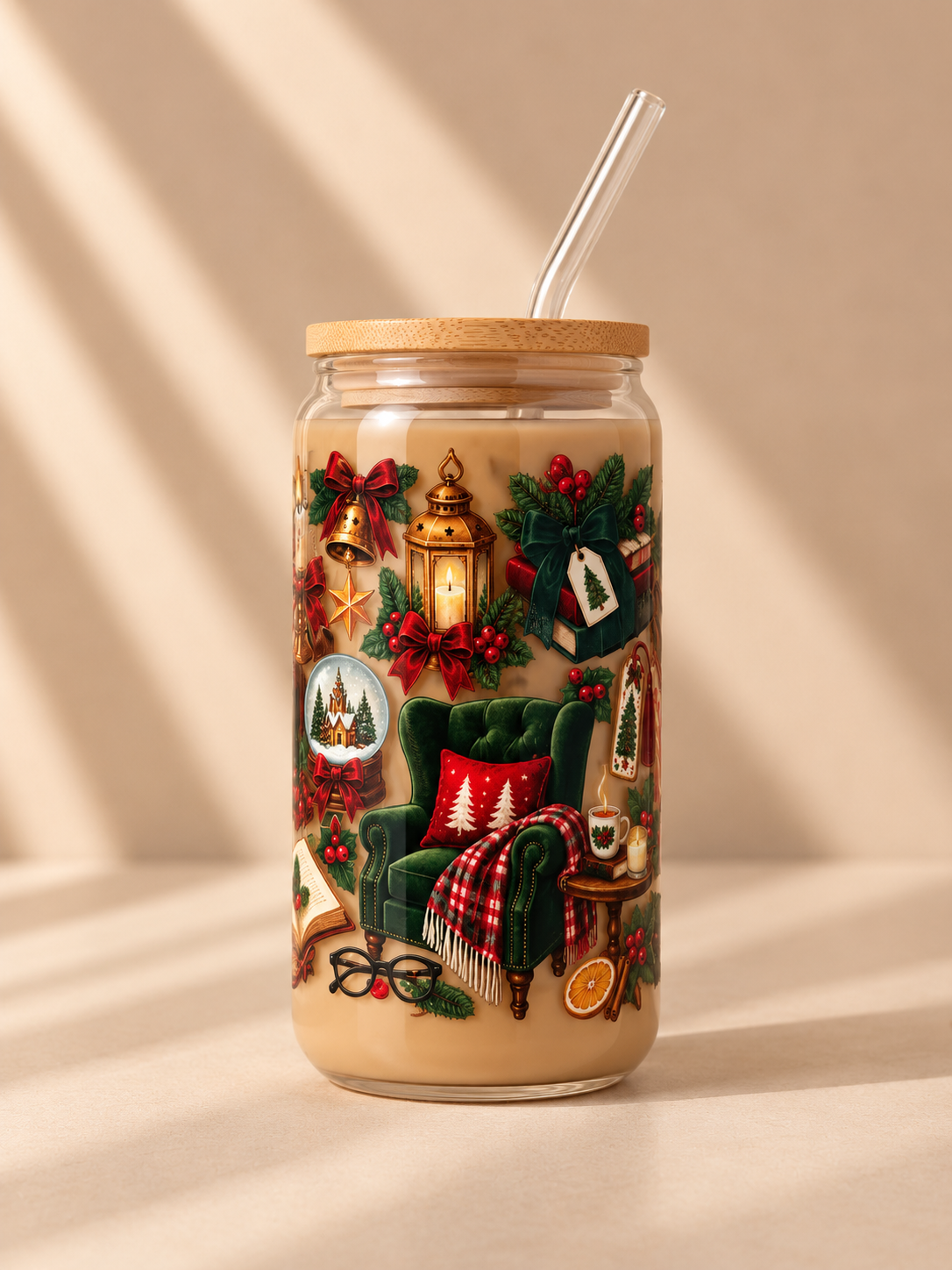 Hohes Trinkglas 500 ml mit Bambusdeckel & Glasstrohhalm – Weihnachten Vintage