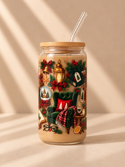 Hohes Trinkglas 500 ml mit Bambusdeckel & Glasstrohhalm – Weihnachten Vintage