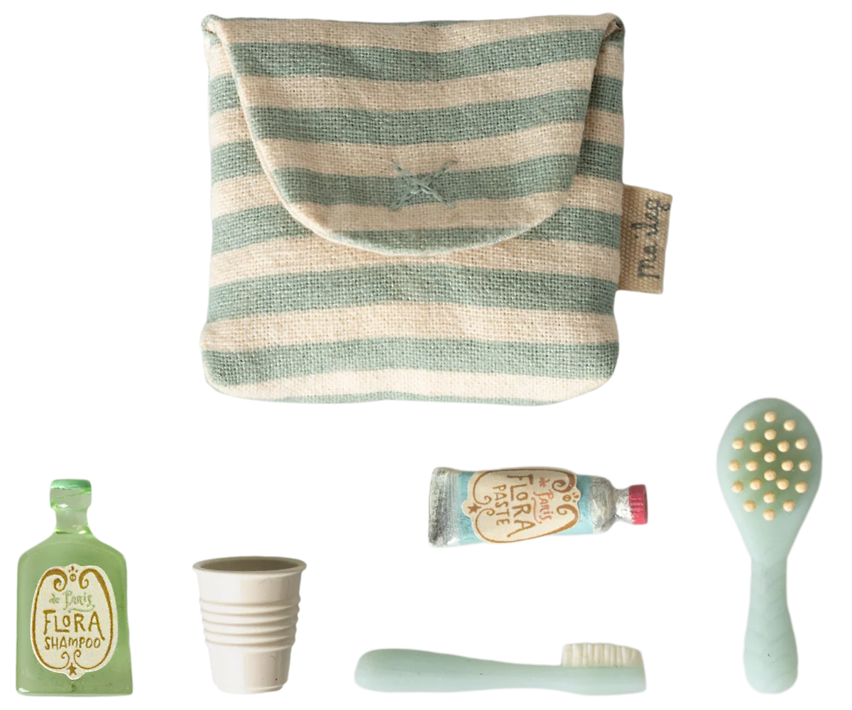Maileg Zahnbürsten-Set in Tasche – Maus – Blau gestreift