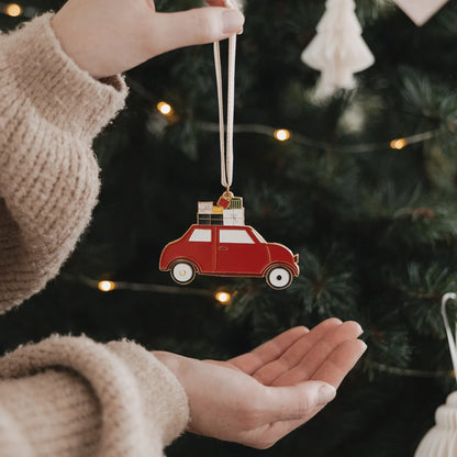 Eulenschnitt Baumschmuck Weihnachtsauto – Rotes Auto mit Geschenken