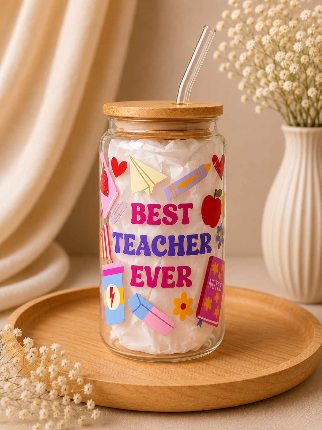 Cute Cloud Trinkglas mit Deckel und Strohhalm "Best Teacher Ever"