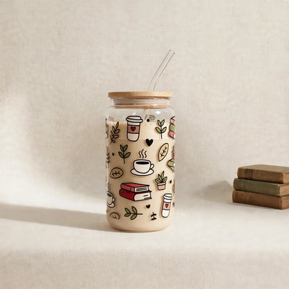 Hohes Trinkglas 550 ml mit Bambusdeckel & Glasstrohhalm – Books & Coffee