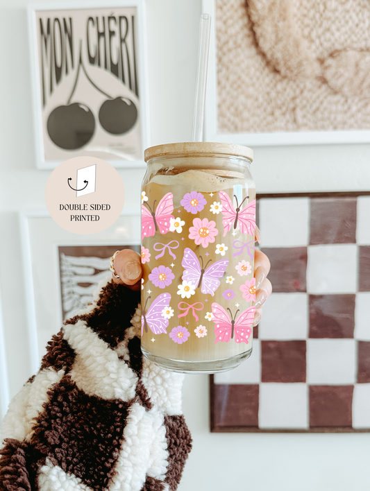 Glasbecher 550 ml – Schmetterling Rosa
