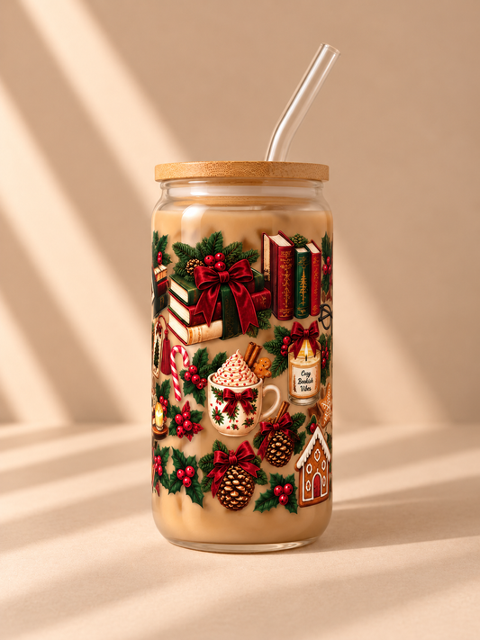 Hohes Trinkglas 500 ml mit Bambusdeckel & Glasstrohhalm – Weihnachten Vintage