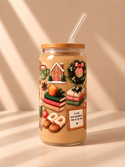 Hohes Trinkglas 500 ml mit Bambusdeckel & Glasstrohhalm – Cozy Christmas