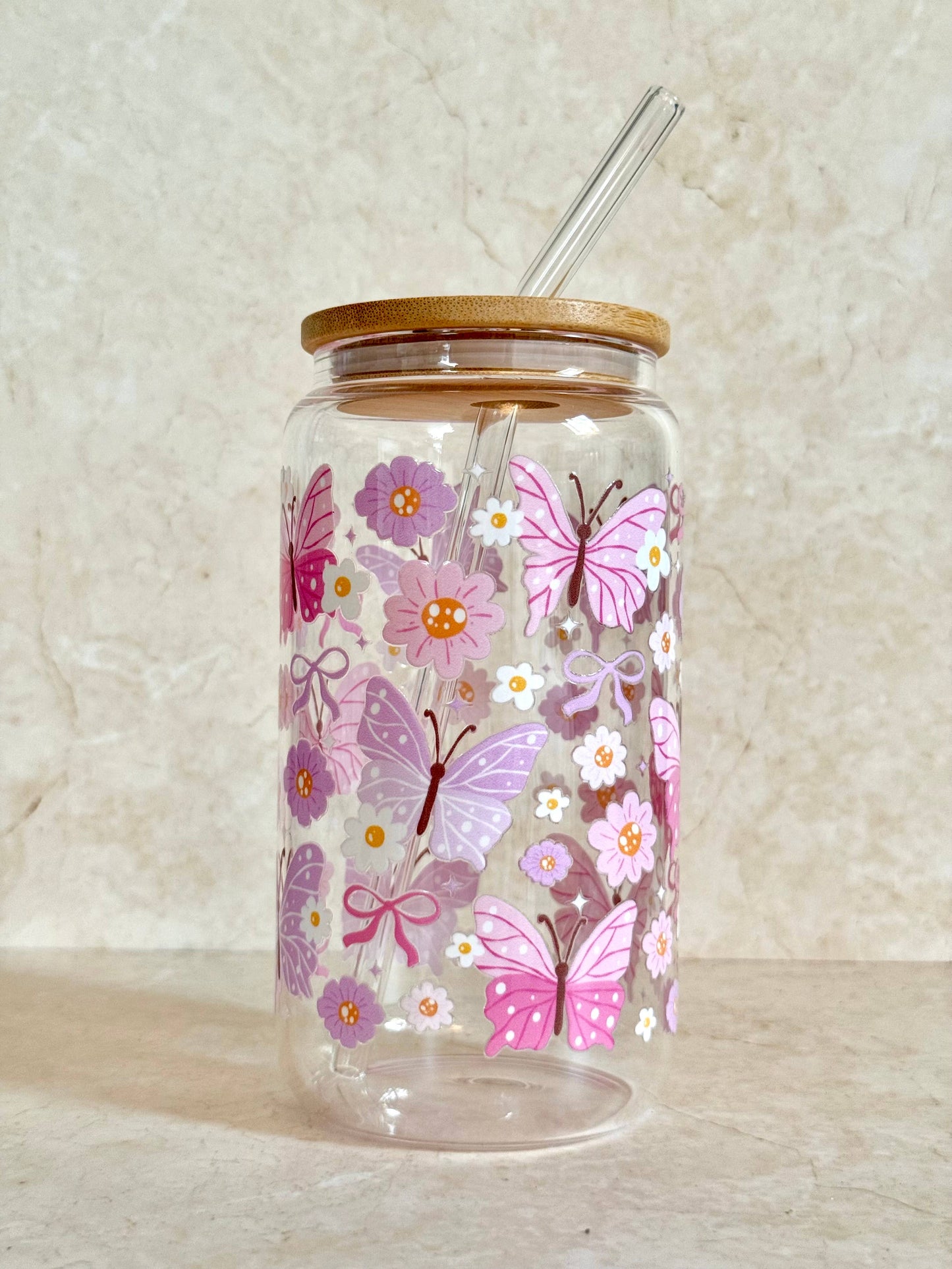 Glasbecher 550 ml – Schmetterling Rosa