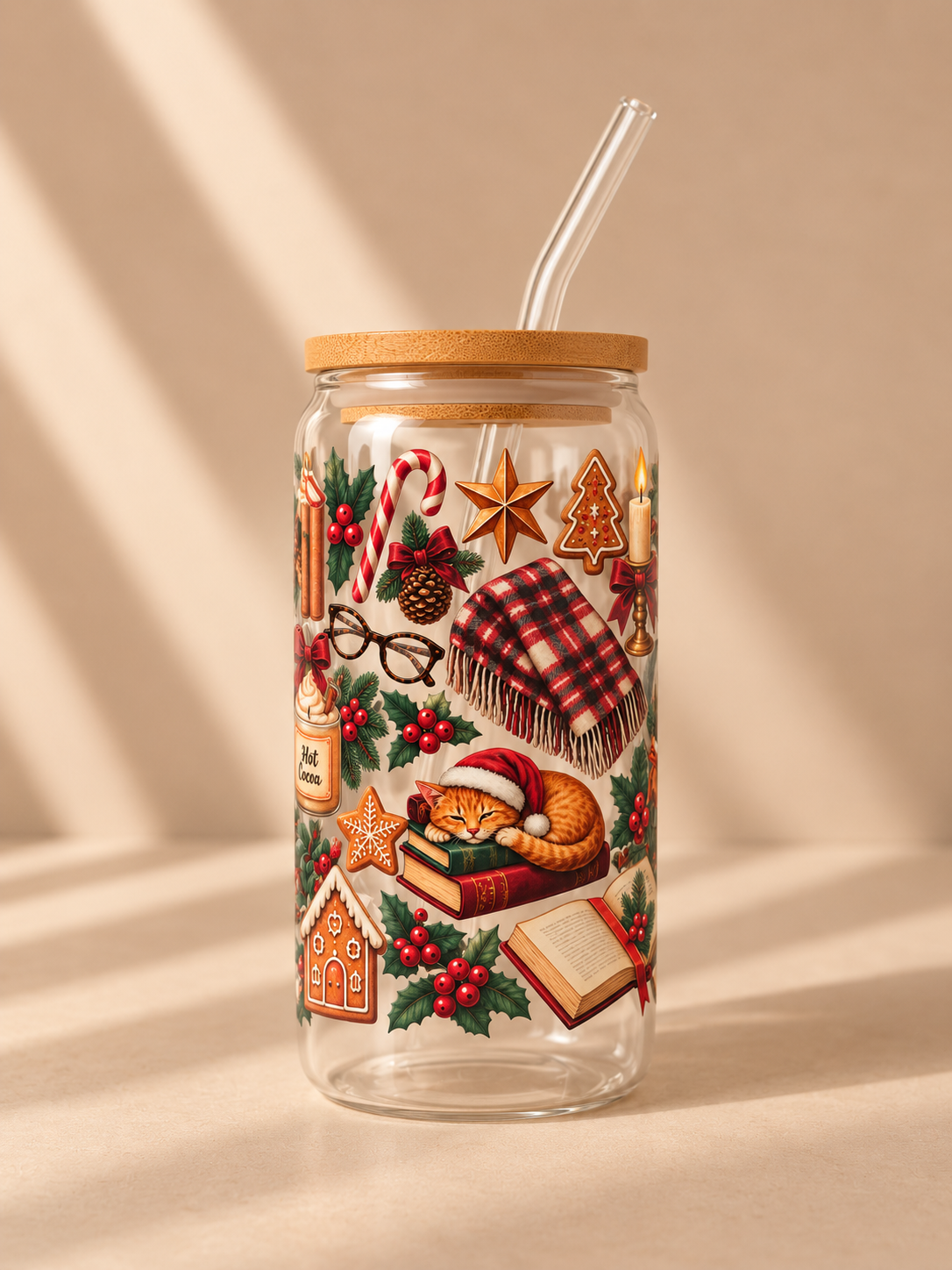 Hohes Trinkglas 500 ml mit Bambusdeckel & Glasstrohhalm – Weihnachten Vintage