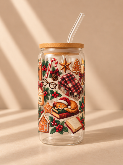 Hohes Trinkglas 500 ml mit Bambusdeckel & Glasstrohhalm – Weihnachten Vintage