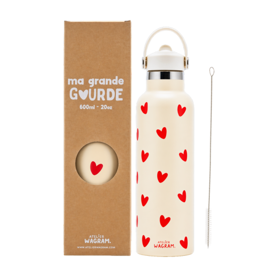 Edelstahl Trinkflasche – Creme mit roten Herzen, 600 ml