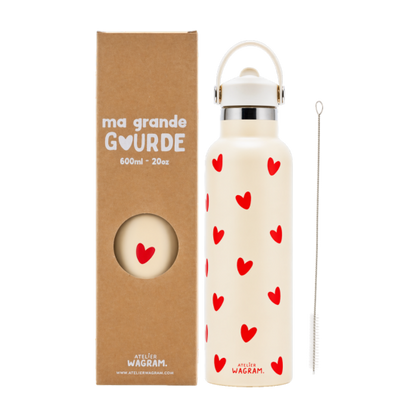 Edelstahl Trinkflasche – Creme mit roten Herzen, 600 ml