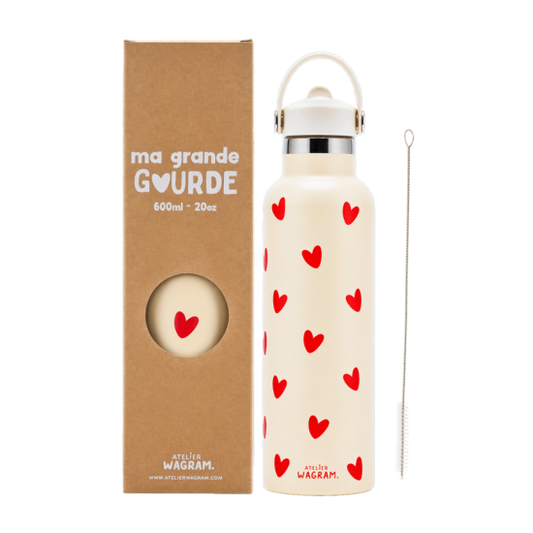Edelstahl Trinkflasche – Creme mit roten Herzen, 600 ml