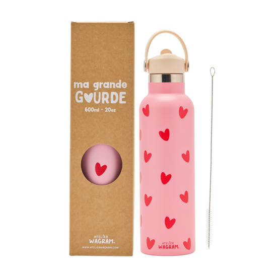 Edelstahl Trinkflasche – Rosa mit roten Herzen, 600 ml