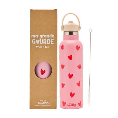Edelstahl Trinkflasche – Rosa mit roten Herzen, 600 ml