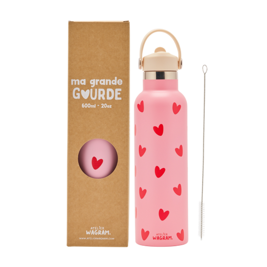 Edelstahl Trinkflasche – Rosa mit roten Herzen, 600 ml