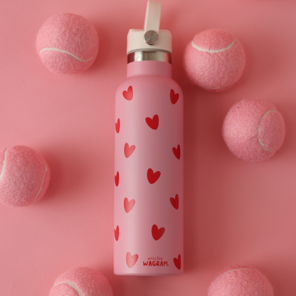 Edelstahl Trinkflasche – Rosa mit roten Herzen, 600 ml
