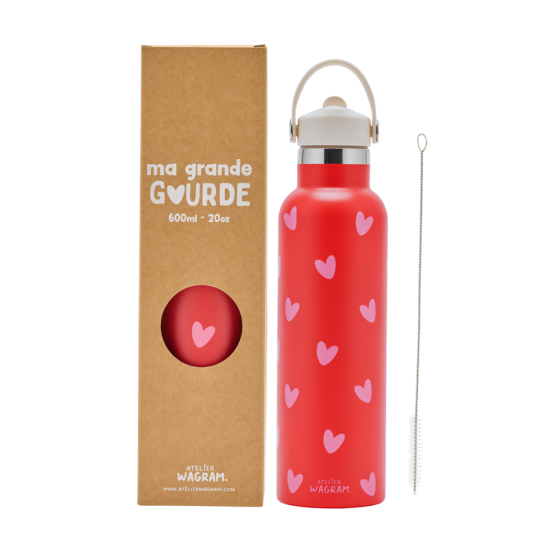 Edelstahl Trinkflasche – Rot mit rosa Herzen, 600 ml