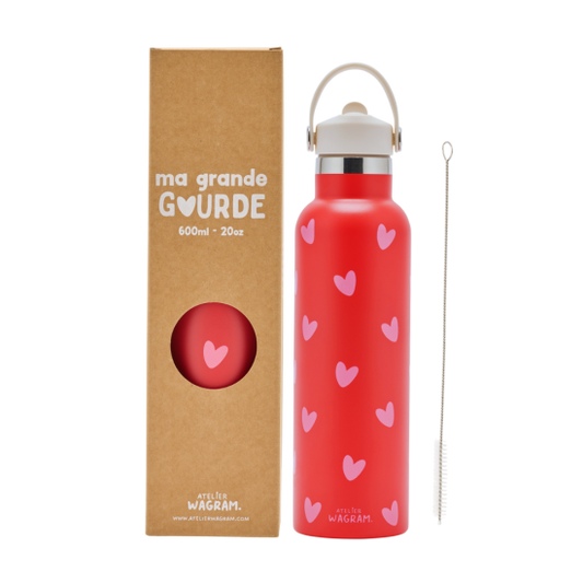 Edelstahl Trinkflasche – Rot mit rosa Herzen, 600 ml