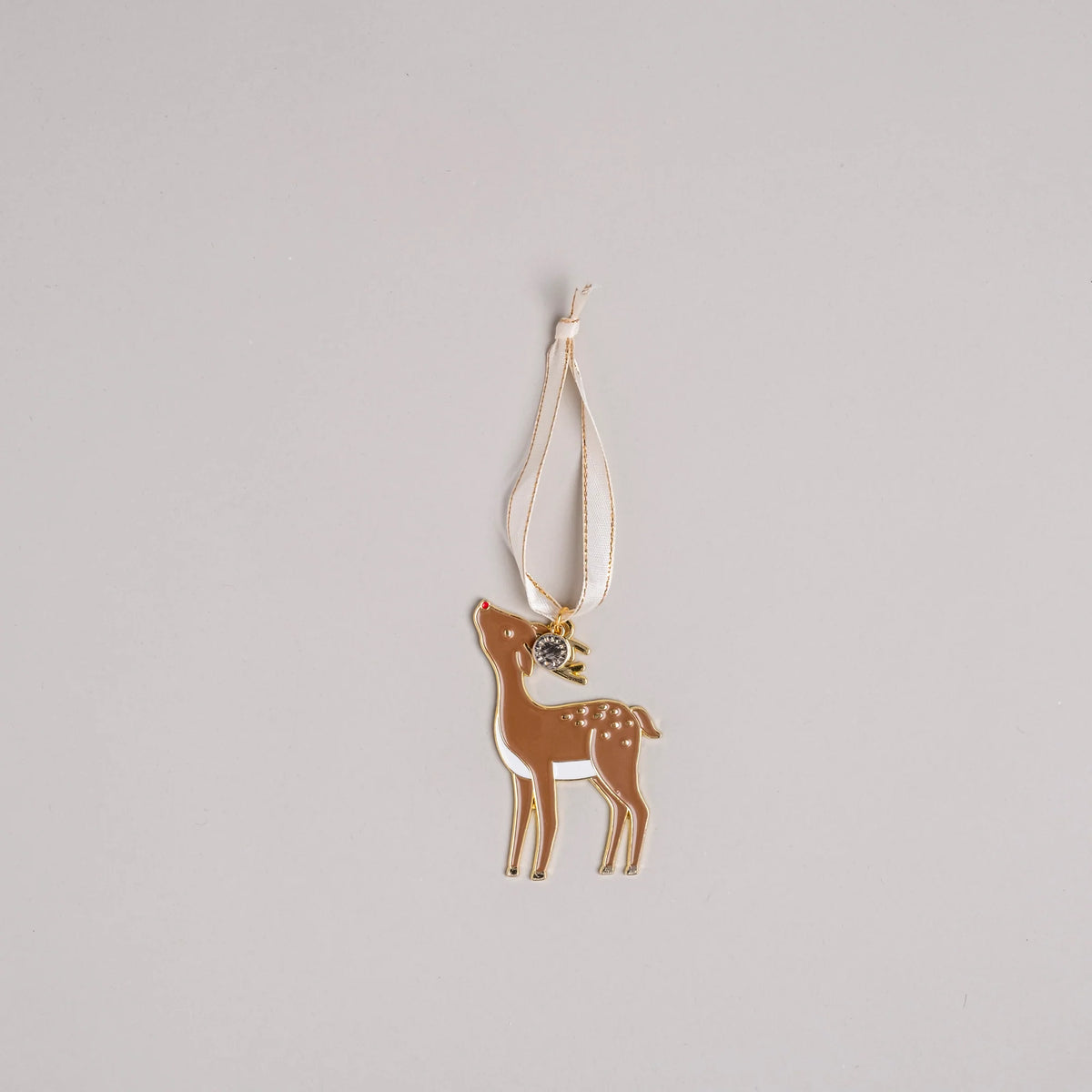 Eulenschnitt Baumschmuck Reh mit roter Nase – Weihnachtsanhänger aus Metall