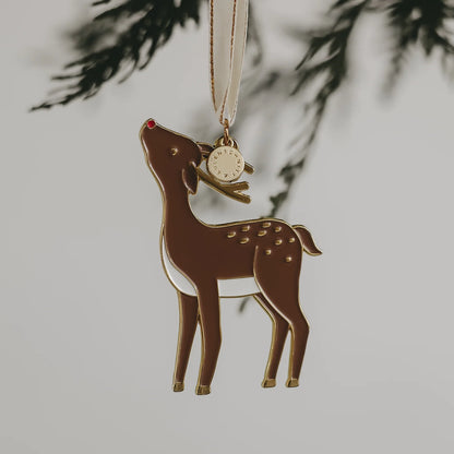 Eulenschnitt Baumschmuck Reh mit roter Nase – Weihnachtsanhänger aus Metall